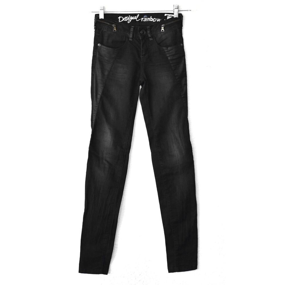A5 Auth DESIGUAL Rainbow The WOW Zipper Details Black Skinny Fit Jeans Size 24